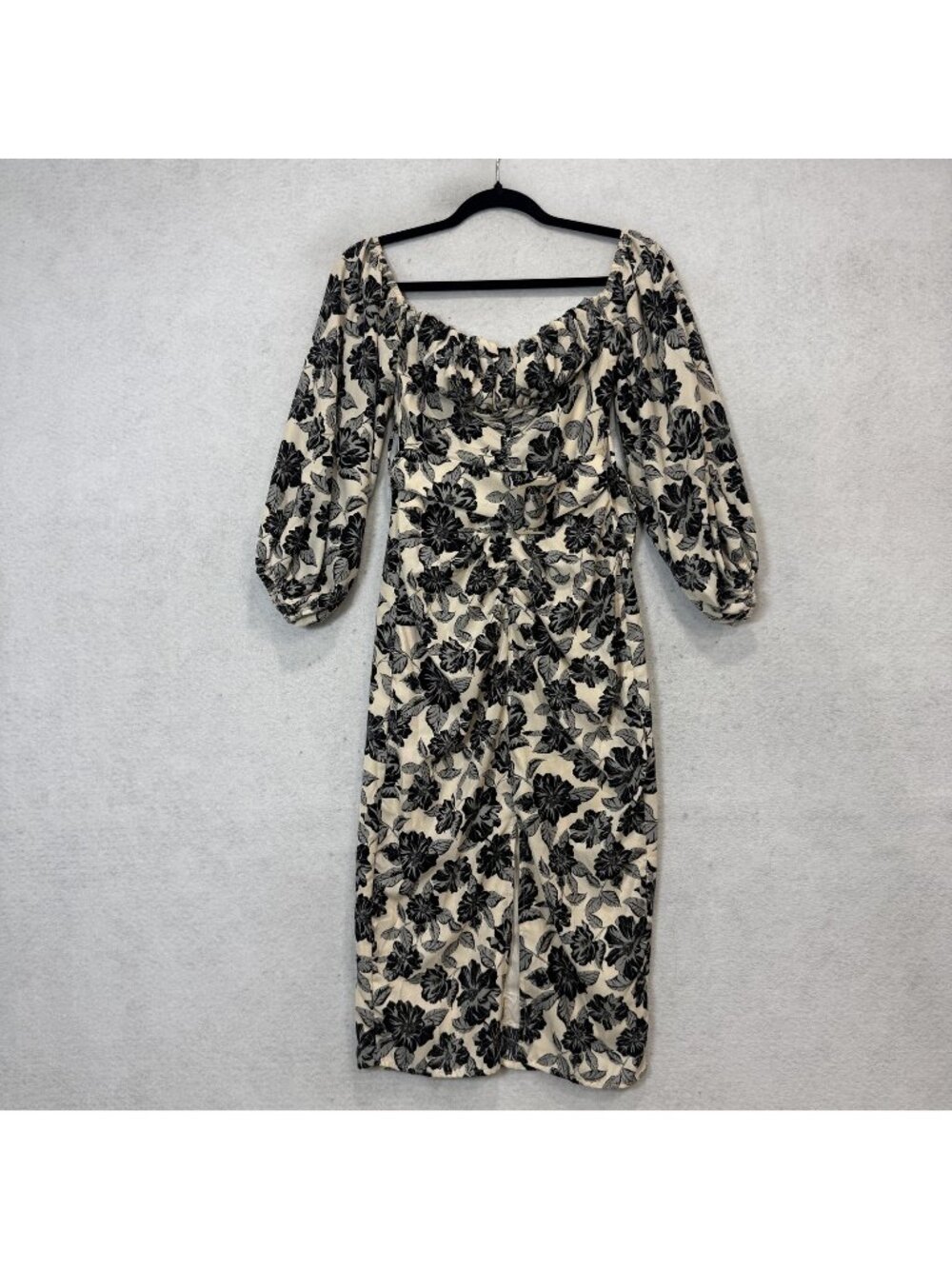 Lena Dress Womens Small White Black Floral Ruched Puff Sleeve Midi Sheath